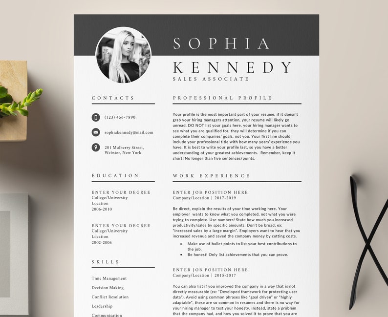 May include: A black and white resume template with the name Sophia Kennedy and the title Sales Associate. The resume includes contact information, education, work experience, and skills.