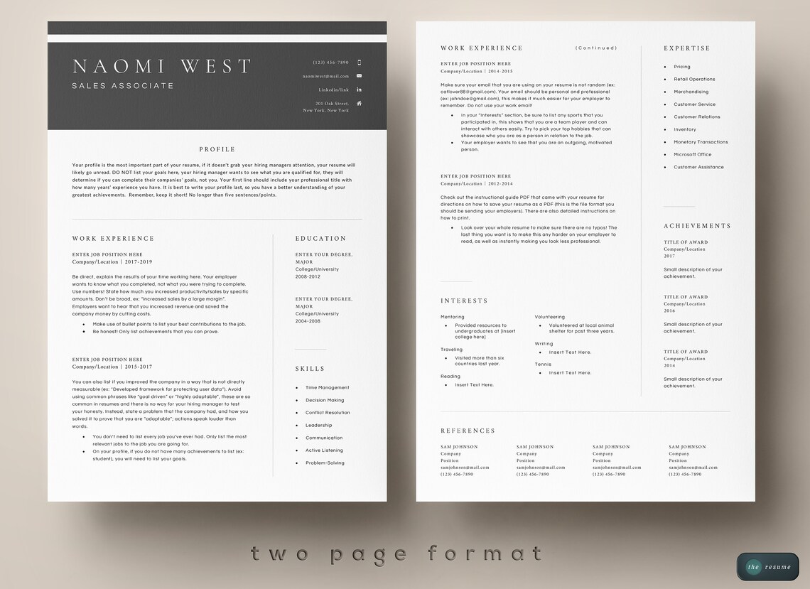4 Page Resume Template Cover Letter and References Template for MS Word ...