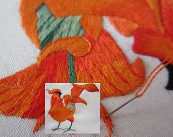 The Orange ROOSTER a needle painting pattern done with cotton threads sewed on a bag a clothe a box or other items