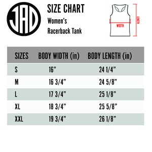 May include: Size chart for a racerback tank top with measurements in inches for body width and length. Sizes include S, M, L, XL, and XXL.