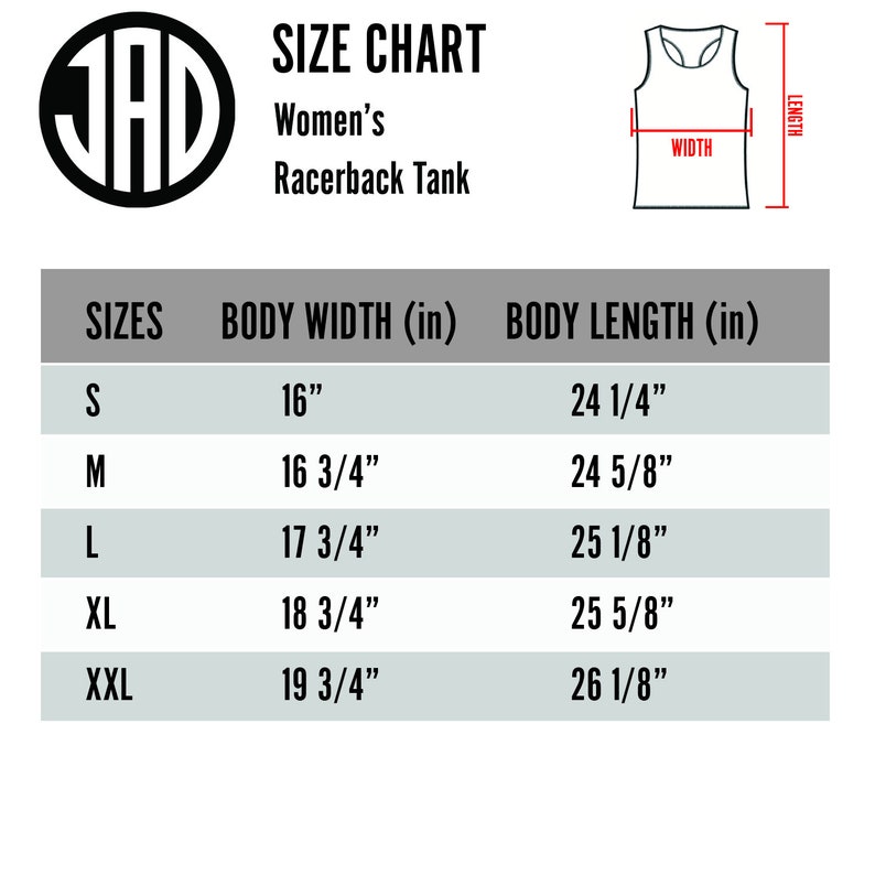 May include: Size chart for a racerback tank top with measurements in inches for body width and length. Sizes include S, M, L, XL, and XXL.