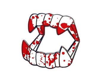 May include: A pair of silver-colored vampire fangs with red blood splatters on a white background.