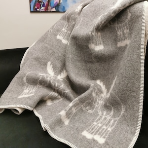 Wool blanket 200x130cm, Grey sheep wool blanket, Wool throw with moose couple, Natural wool throw, Warm blanket, Winter blanket, Pure wool