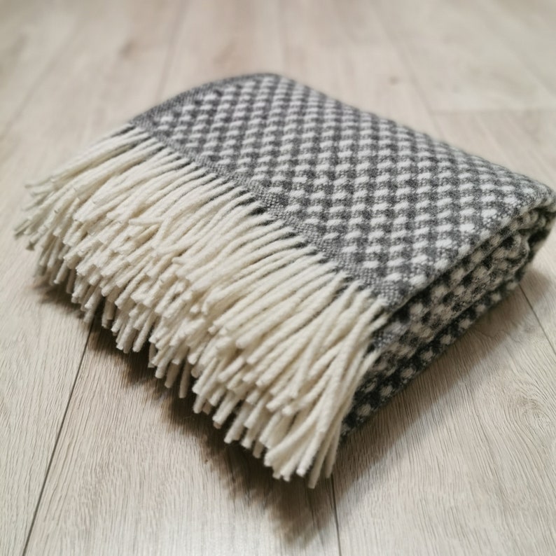 Natural wool blanket, Gray white wool blanket, Fringed natural eco wool throw, Warm winter wool blanket, organic sheep wool throw, 195x130cm image 6