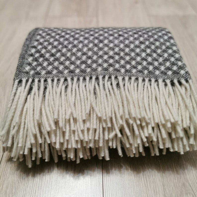 Natural wool blanket, Gray white wool blanket, Fringed natural eco wool throw, Warm winter wool blanket, organic sheep wool throw, 195x130cm image 5