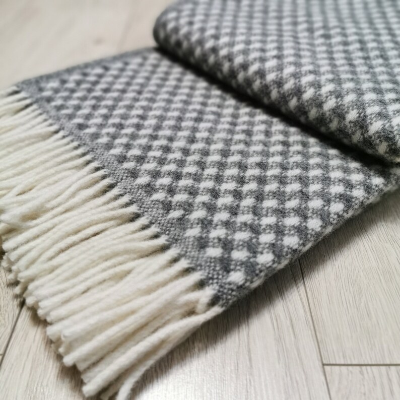 Natural wool blanket, Gray white wool blanket, Fringed natural eco wool throw, Warm winter wool blanket, organic sheep wool throw, 195x130cm image 3