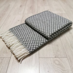Natural wool blanket, Gray white wool blanket, Fringed natural eco wool throw, Warm winter wool blanket, organic sheep wool throw, 195x130cm