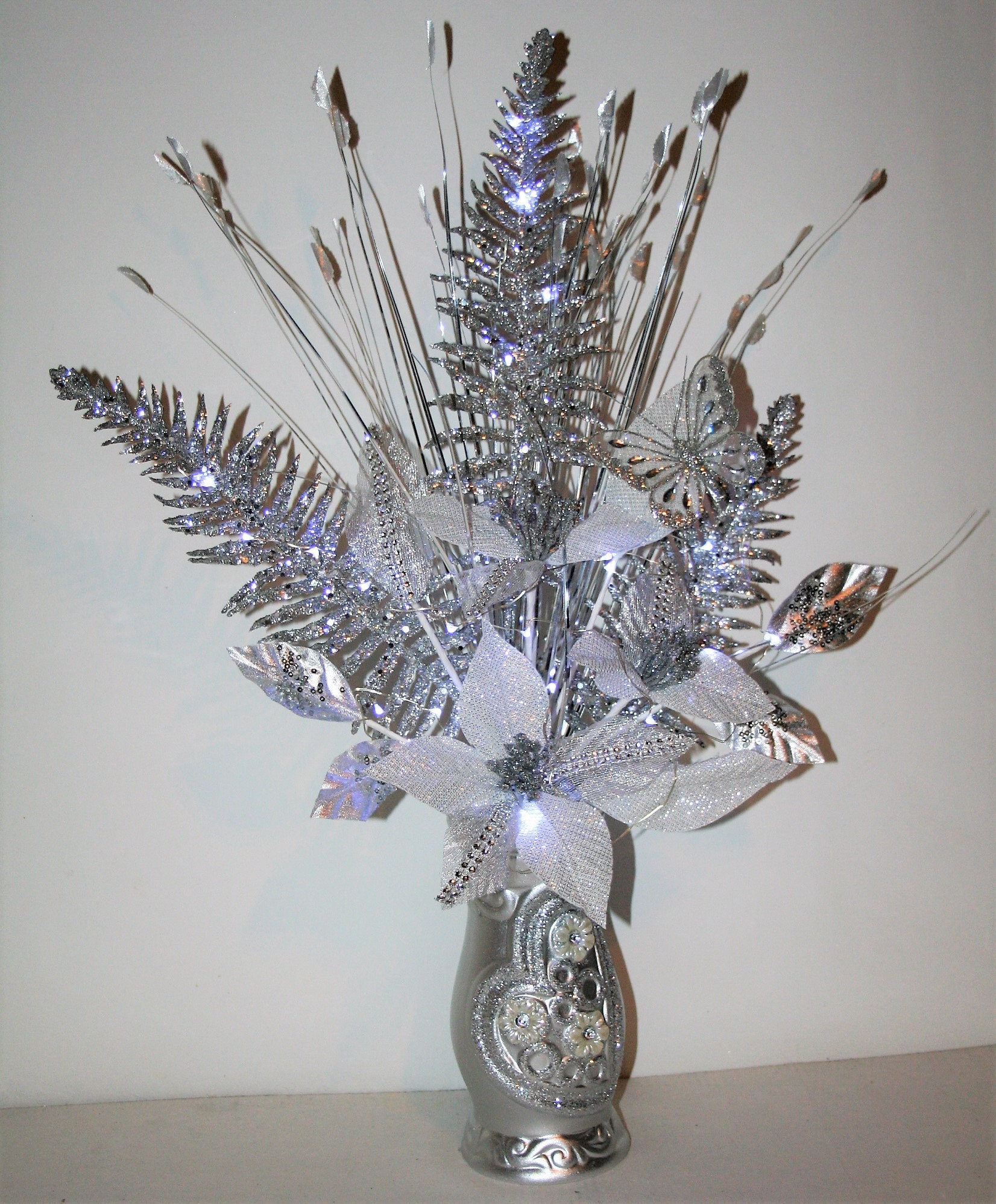 Artificial Flowers White Fabric Glitter Arrangement With Etsy