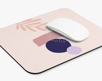 Tapis de souris rose aux motifs abstraits, feuille et formes géométriques, pois / Accessoire bureau à la maison
