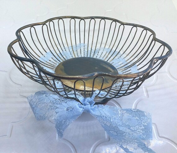 Blue Decorative Metal Wire Basket With Light Blue Lace Ribbon Etsy