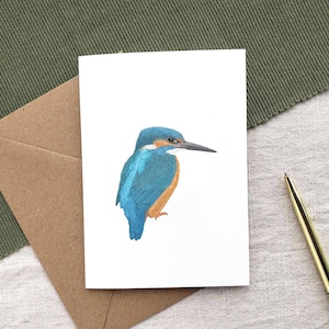 Carte de voeux martin-pêcheur - carte d'art oiseau britannique, cadeau pour amoureux de la nature, illustration d'animaux sauvages des bois, carte vierge avec enveloppe kraft