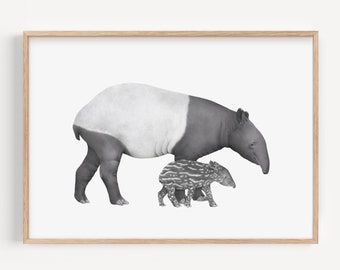 Mother and Baby Tapir Art Print – Malayan Tapir Wildlife Illustration, Jungle Nursery Decor, First Mothers Day Gift