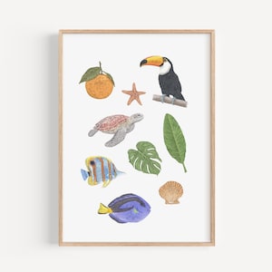 Stampa tropicale estiva colorata - Arte vegetale minimalista con fauna selvatica, poster personalizzato con uccello tucano