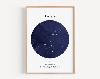 Star Sign Constellation Illustration Art Print, Personalised Birthday Gift, Nursery Wall Art New Baby Decor