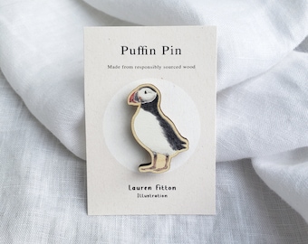 Puffin Pin Badge, Wooden Charm, British Birds, Wildlife Artwork