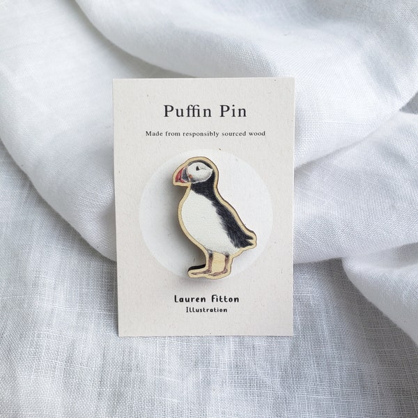 Puffin Pin Badge, Wooden Charm, British Birds, Wildlife Artwork