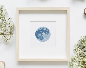Mini Blue Moon Limited Edition Illustration Print, Cute Space Astronomy Pencil Drawing Artwork
