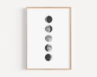 Moon Phases Pencil Illustration Print, Personalised Space Wall Artwork, Hand Drawn Pencil Drawing