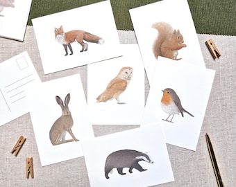British Animal Postcard Pack - Woodland Wildlife Art Cards, Nature Lover Stationery Set