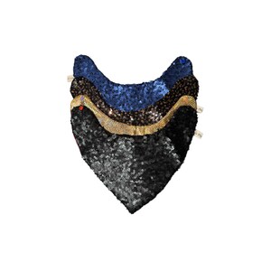 May include: Three sequined fabric bibs stacked on top of each other. The top bib is navy blue, the middle bib is gold, and the bottom bib is black.
