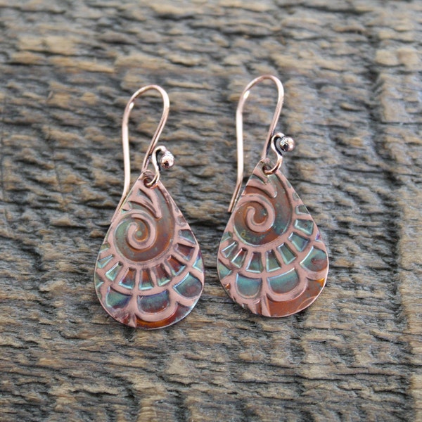 Flame Painted Textured Copper Earrings, 7th Anniversary Gift, Boho, Artisan Jewelry, Dangle, Drop