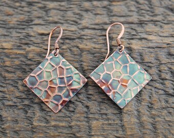 Flame Painted Textured Copper Earrings, 7th Anniversary Gift, Boho, Artisan Jewelry, Dangle, Drop