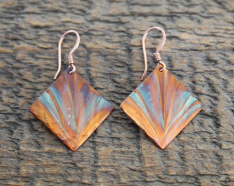 Flame Painted Copper Earrings, 7th Anniversary Gift, Boho, Artisan Jewelry, Dangle, Drop