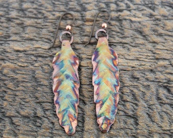 Flame Painted Copper Earrings, 7th Anniversary Gift, Boho, Artisan Jewelry, Feather Earrings, Dangle, Drop