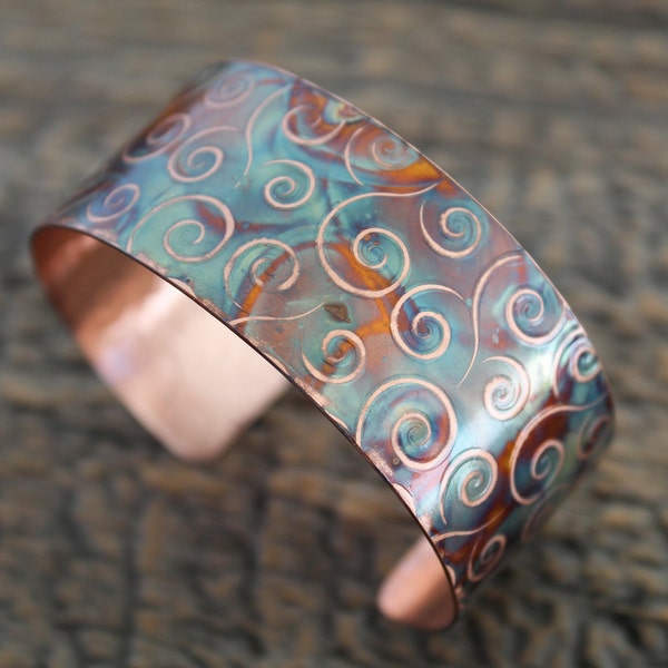 Flame Painted Textured Copper Cuff, Boho Bracelet, Artisan Jewelry, 7th Anniversary Gift