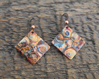 Flame Painted Copper Earrings, 7th Anniversary Gift, Boho, Artisan Jewelry, Dangle, Drop