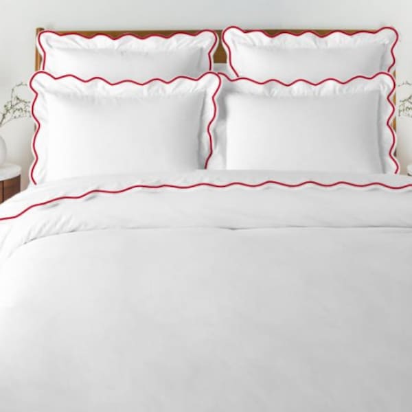 Pushp Linen 100% Cotton Scalloped 400TC Sateen Hotel Stitch Duvet Cover Set with scalloped Embroidery