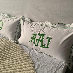 Monogram 500 TC White Cotton Sateen Hotel Stitch Duvet Cover Set in  Wavy Embroidery Border 1 Duvet Cover and 2 Pillow Sham Cover