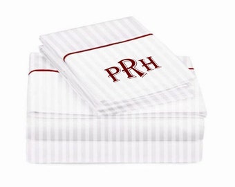 Pushp Linne 100% Bomullssatin Hotellsöm 400 trådtäthet Monogram Enkel Broderad Bård Vit Randig 4-delat Lakanset