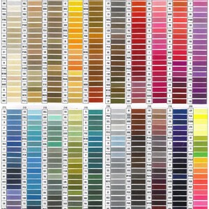May include: A color chart with hundreds of thread colors organized by color family. The chart includes shades of white, beige, brown, yellow, orange, red, pink, purple, blue, green, gray, and black.