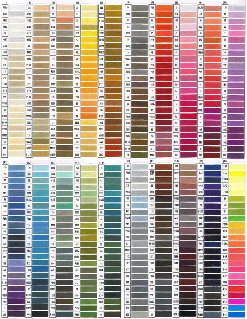 May include: A color chart with hundreds of thread colors organized by color family. The chart includes shades of white, beige, brown, yellow, orange, red, pink, purple, blue, green, gray, and black.