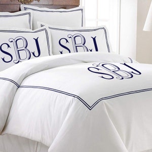 Monogram 400 TC White Cotton Sateen Hotel Stitch Duvet Cover Set in Double Embroidery Border 1 Duvet Cover and 2 Pillow Sham Cover