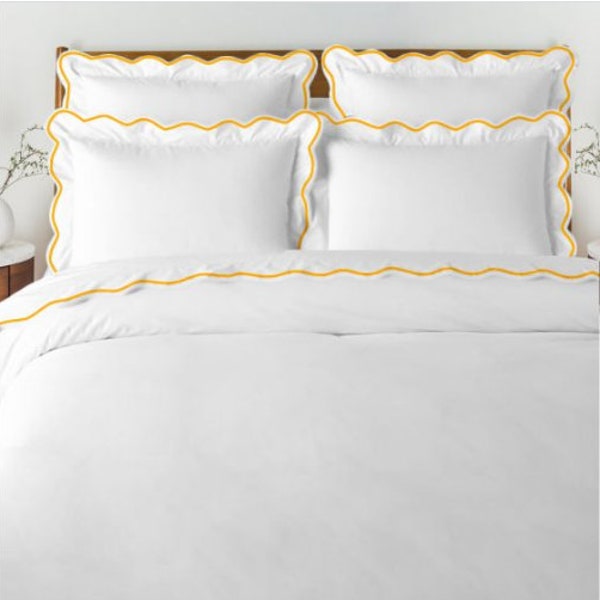 Pushp Linen 100% Cotton Scalloped 400TC Sateen Hotel Stitch Duvet Cover Set with scalloped embroidered