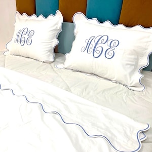 Monogrammed 100% PERCALE Duvet Cover Set in Scalloped Embroidery Border 1 Duvet Cover and 2 Pillow Sham Cover