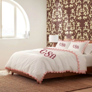 Monogram 500 TC White Cotton Sateen Hotel Stitch Duvet Cover Set in Double Scalloped Embroidery Border 1 Duvet Cover and 2 Pillow Sham Cover