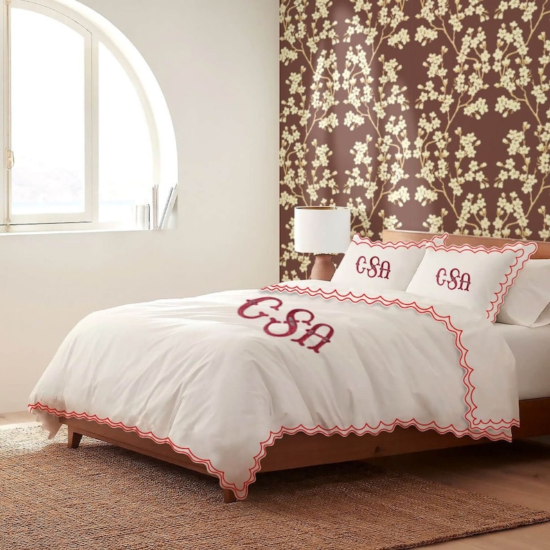 Monogram 500 TC White Cotton Sateen Hotel Stitch Duvet Cover Set in Double Scalloped Embroidery Border 1 Duvet Cover and 2 Pillow Sham Cover image 1