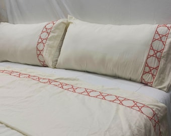 Cane Embroidery Ivory PERCALE Cotton Hotel Stitch 400 Thread Count Solid 4 Piece Sheet Set [15" (38cm) Deep fitted sheet]