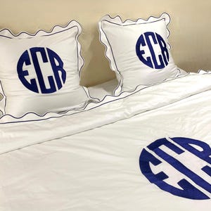 Monogrammed Pushp Linen 100% Cotton Scalloped and band 400TC Sateen Hotel Stitch Duvet Cover Set with scalloped Embroidery plus band