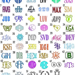 May include: A chart with 53 colorful circles, each containing a different monogram or initials. The circles are arranged in a grid pattern, with each circle numbered from 1 to 53.