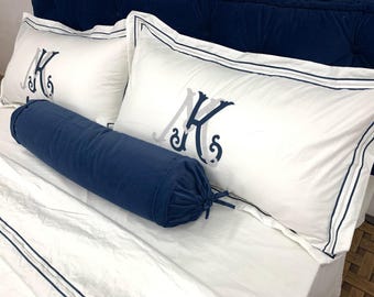 Multicolor Personalized Monogram 400 TC White Cotton Sateen Hotel Stitch Duvet Cover Set in Triple Embroidery Border