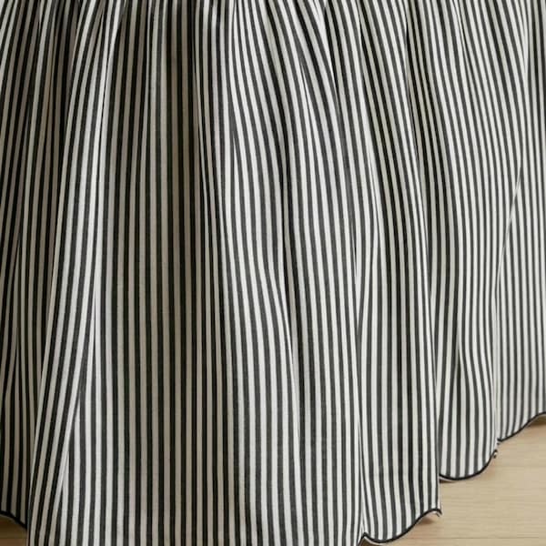 Ticking Stripe Gathered Scalloped Embroidery Bed Skirt - 8" to 39" Drop Length 1 PIECE BED SKIRT 3 Sided