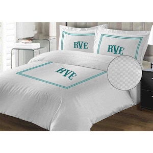 Monogram 400 TC White Cotton Sateen Hotel Stitch Micro-Check Duvet Cover Set in Double Embroidery Border 1 Duvet Cover and 2 Pillow Sham