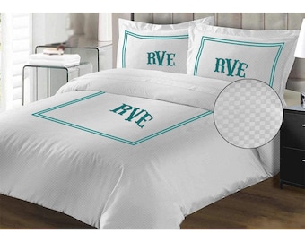 Monogram 400 TC White Cotton Sateen Hotel Stitch Micro-Check Duvet Cover Set in Double Embroidery Border 1 Duvet Cover and 2 Pillow Sham