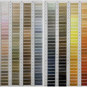 May include: A color chart of thread spools, numbered 1 through 10, with each number representing a different color family. The chart includes a wide range of colors, from white to black, and includes shades of brown, beige, gray, yellow, orange, and red.