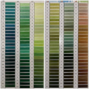 May include: A color chart of DMC embroidery floss, showing a variety of green, brown, and beige shades. The chart is divided into sections, each with a number and a corresponding color. The floss is arranged in rows and columns, with each color represented by a small skein of thread.