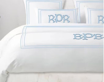 Monogram 500 TC White Cotton Sateen Hotel Stitch Duvet Cover Set in Classic Embroidery Border 1 Duvet Cover and 2 Pillow Sham Cover